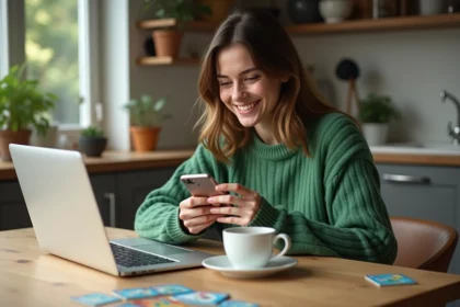 Jeune femme souriante utilisant son smartphone dans la cuisine