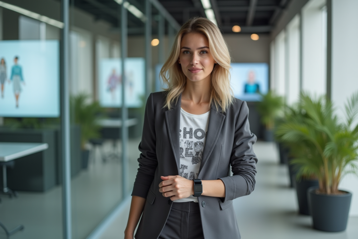 Femme élégante vérifiant sa montre connectée dans un bureau moderne