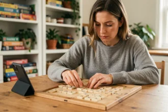 Femme utilisant un solveur de mots sur smartphone pour jouer au Scrabble sur une table en bois
