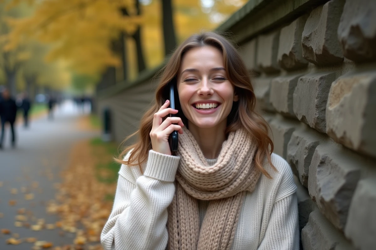 Femme riant en tenant un téléphone vintage dans un parc automnal