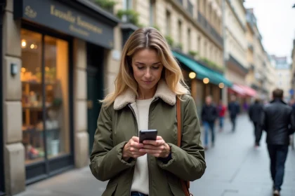 Femme française dans la rue utilisant son smartphone