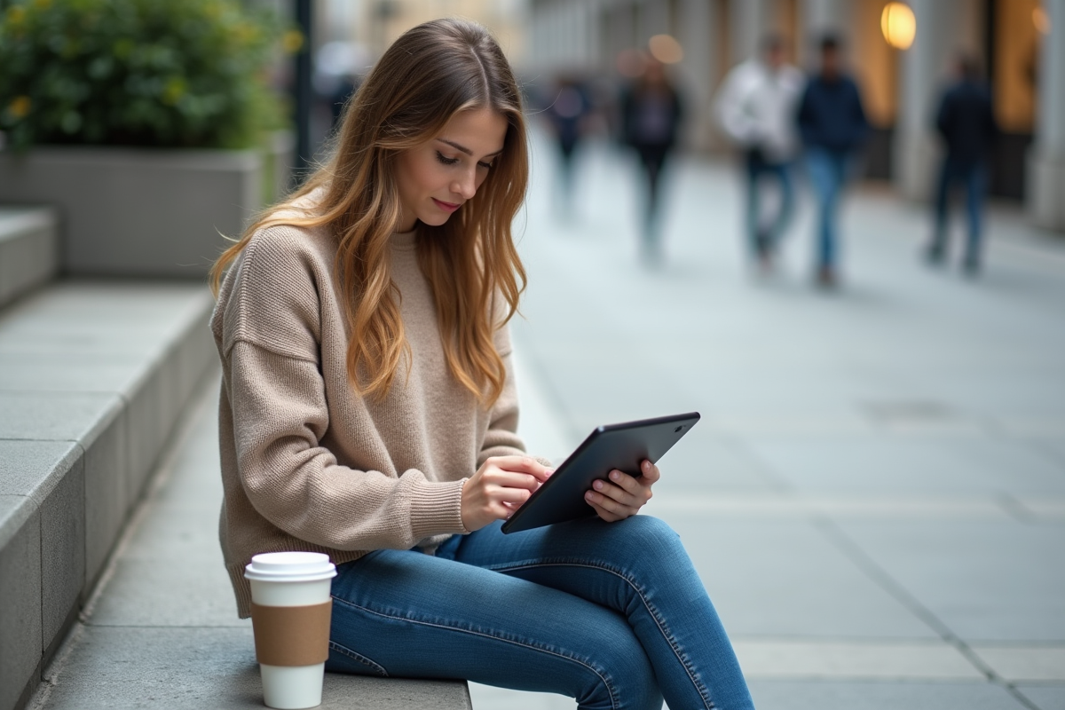 Jeune femme dehors avec une tablette et un café