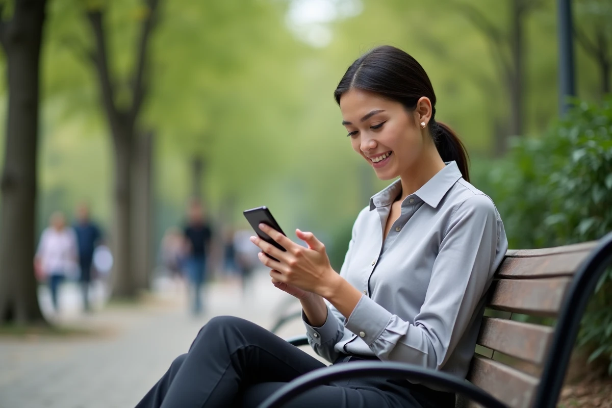 Femme dans un parc urbain utilisant son smartphone