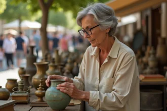 Femme examinant un vase en céramique vintage sur un stand de vide-grenier en plein air dans l'Yonne