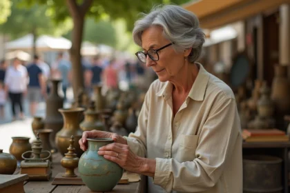 Femme examinant un vase en céramique vintage sur un stand de vide-grenier en plein air dans l'Yonne