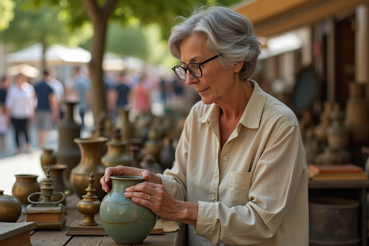 Femme examinant un vase en céramique vintage sur un stand de vide-grenier en plein air dans l'Yonne