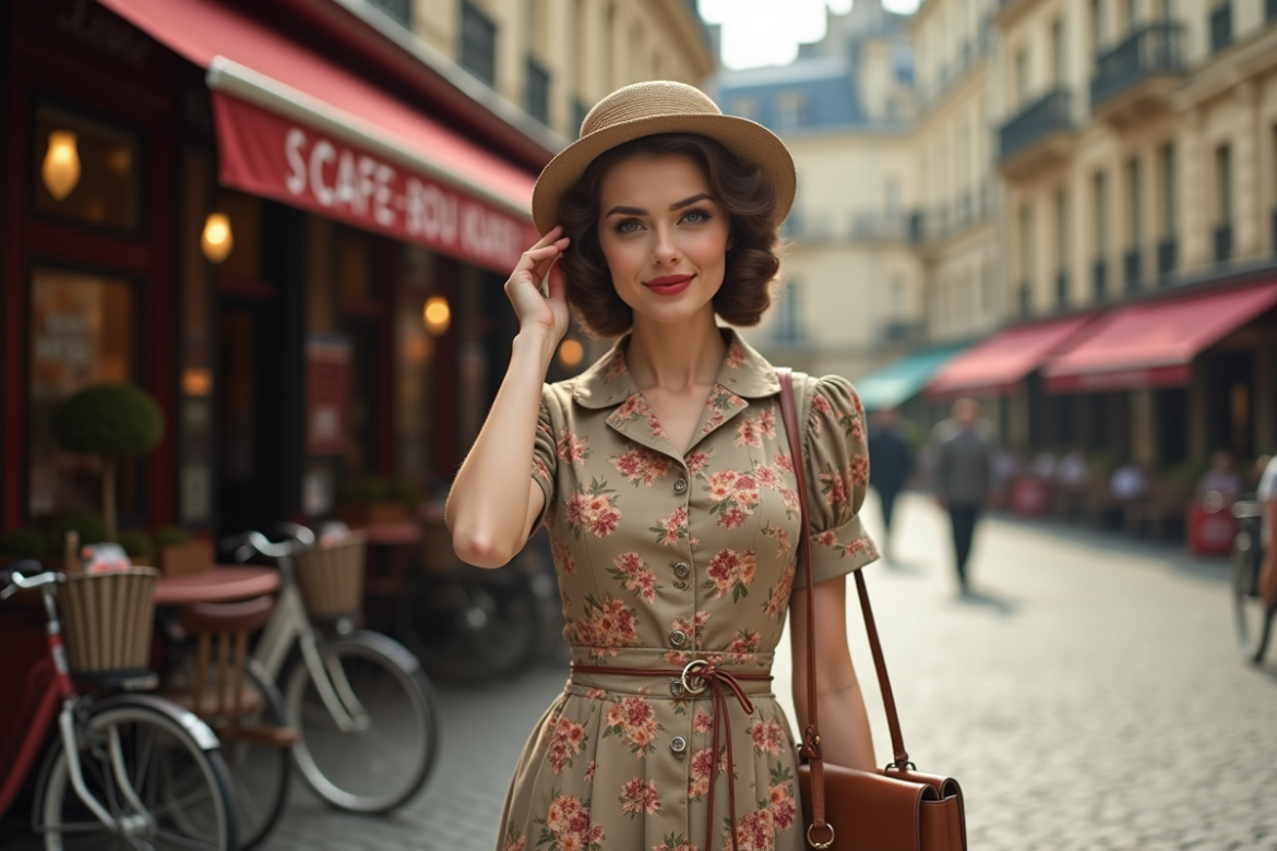 Femme en robe vintage dans une rue parisienne
