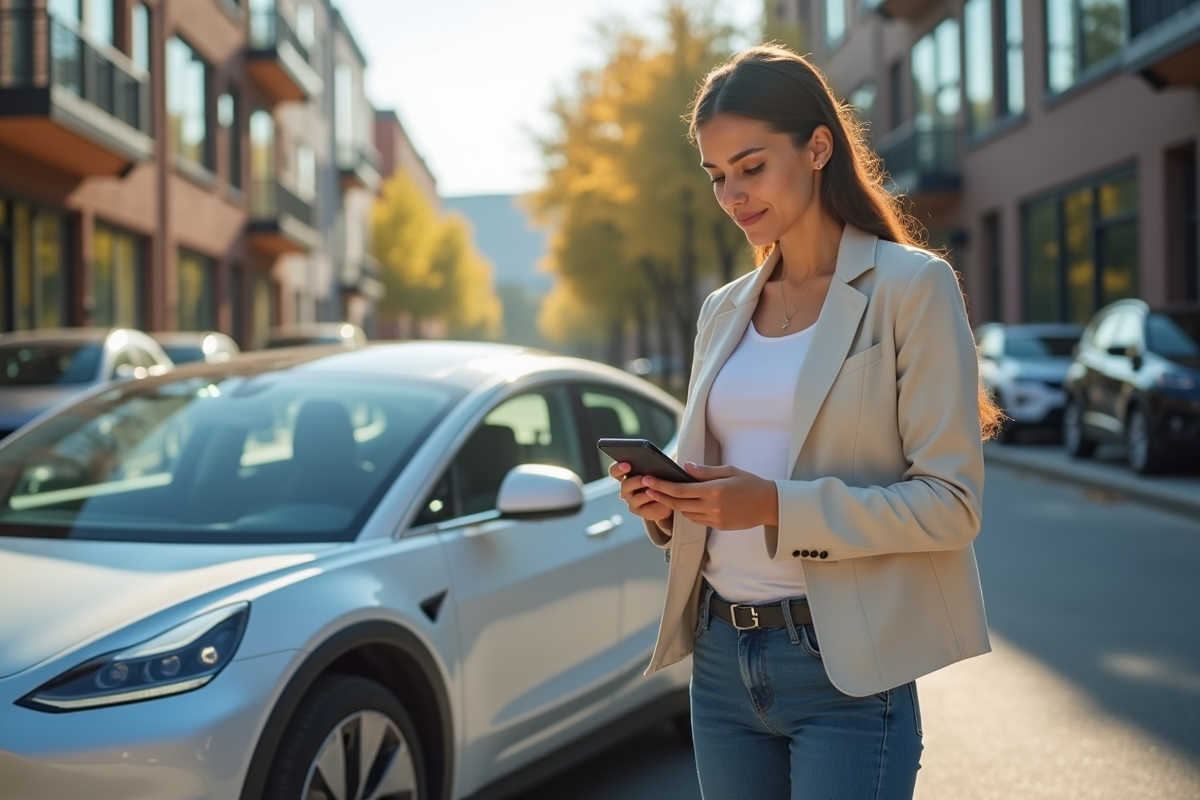 Jeune femme examine une application de voiture électrique dehors