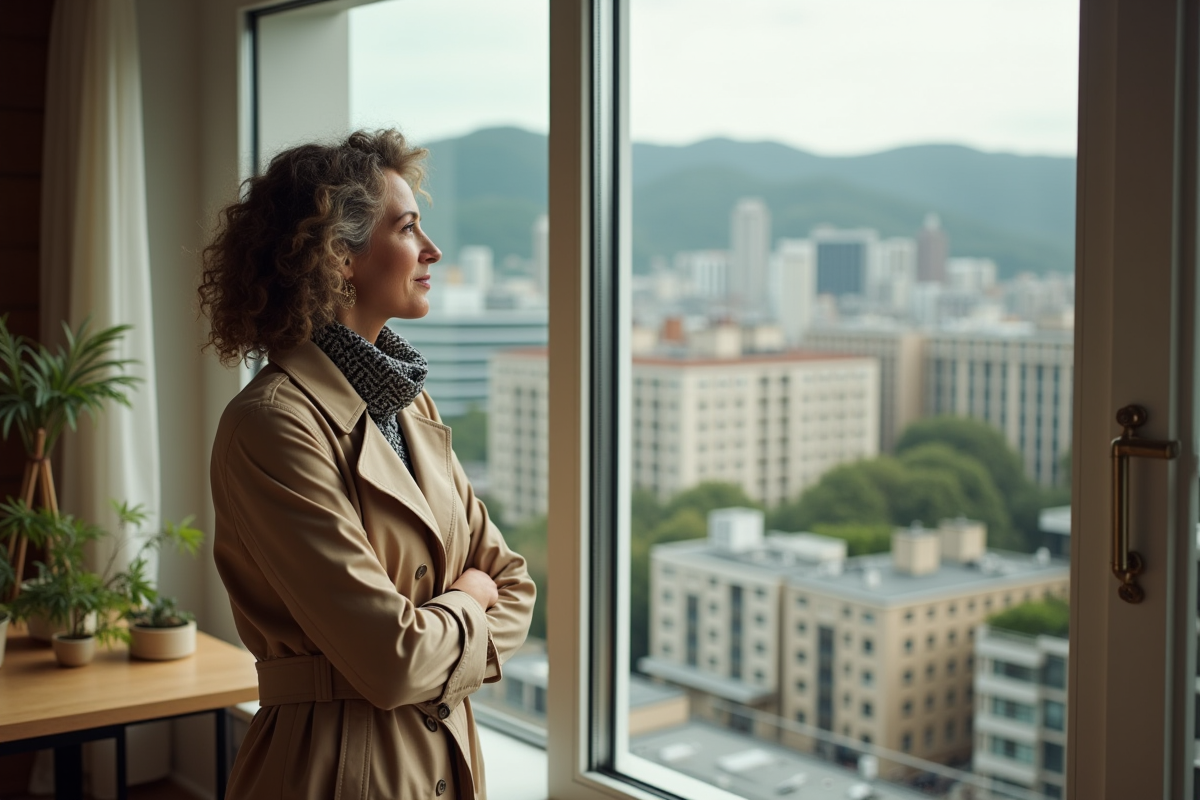 Femme regardant la ville depuis une fenêtre intérieure