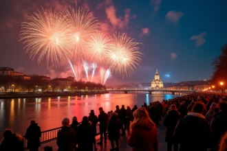 Feu d'artifice du Nouvel An à Lyon avec vue sur la basilique de Fourvière et la Saône reflétant les couleurs des explosions pyrotechniques