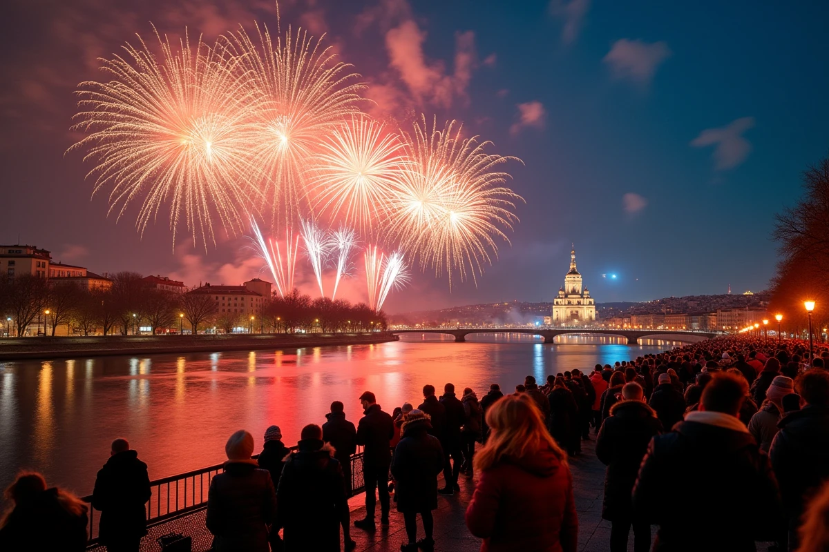 Feu d'artifice du Nouvel An à Lyon avec vue sur la basilique de Fourvière et la Saône reflétant les couleurs des explosions pyrotechniques