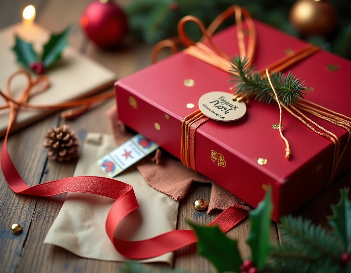 Vue de dessus d'un calendrier de l'avent FDJ entouré d'accessoires de cadeau et de décorations de Noël sur une table en bois