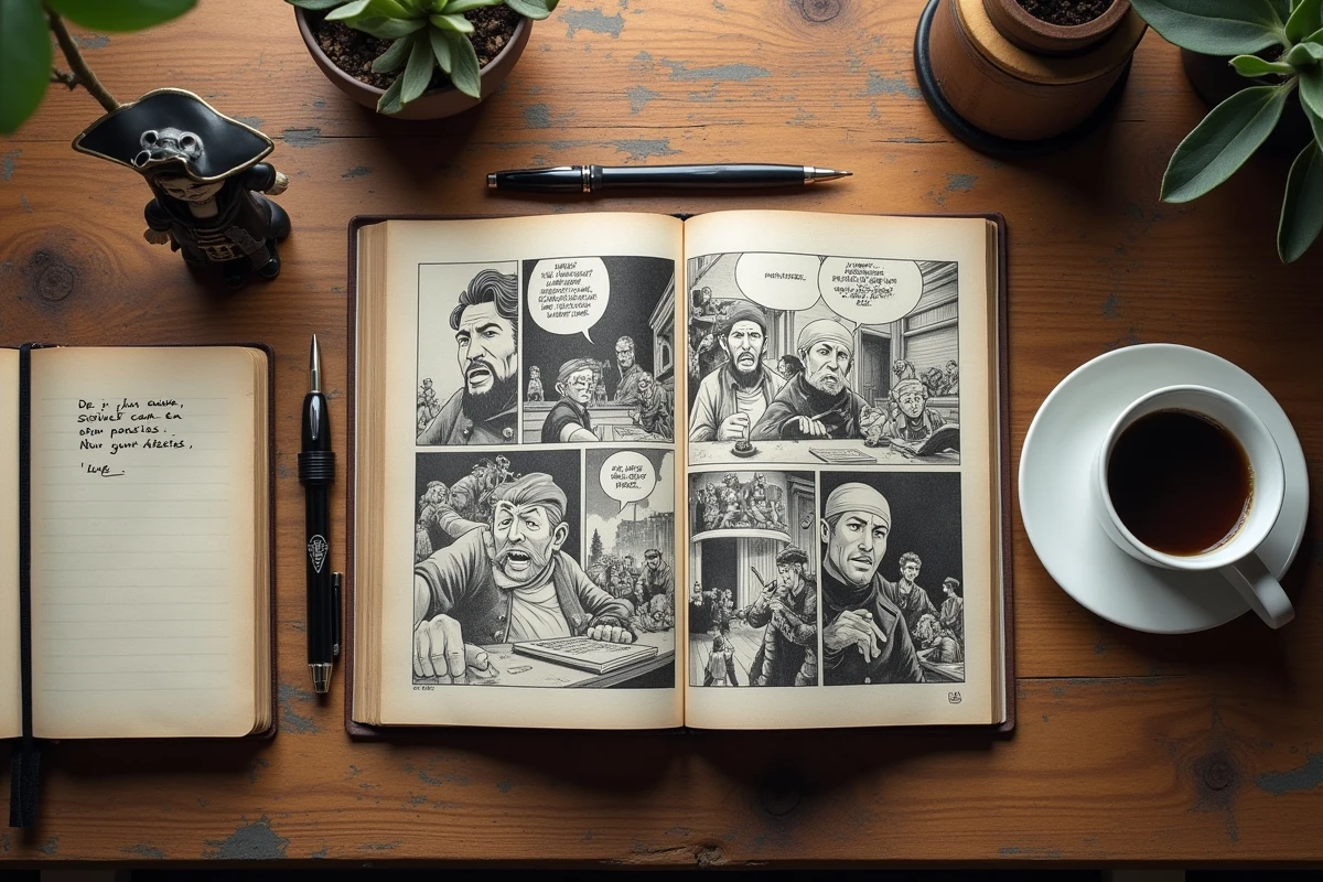 Flat-lay éditorial avec manga One Piece ouvert, notes de chapitre et accessoires sur une table en bois rustique