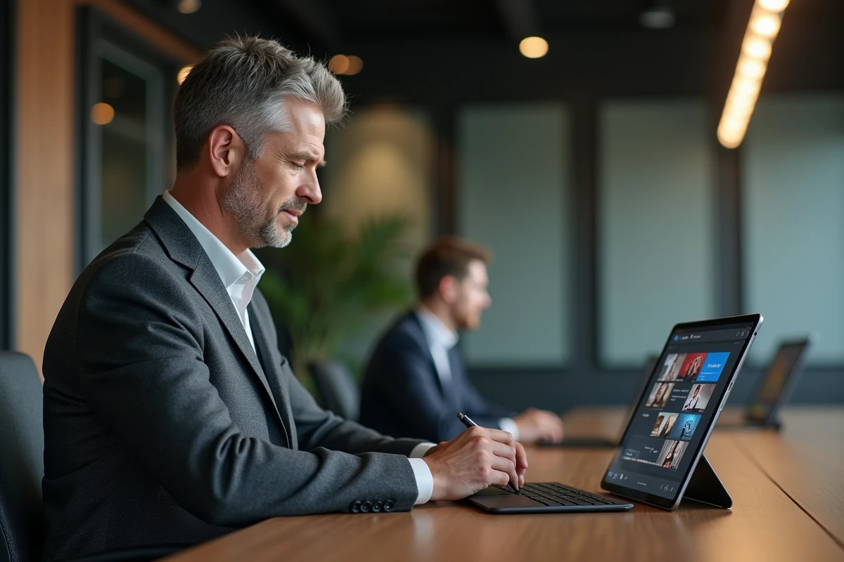 Cadre en entreprise suivant une formation en ligne sur tablette dans un espace de travail moderne et épuré