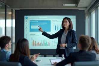 Responsable formation présentant un tableau de bord e-learning interactif à son équipe dans un bureau moderne