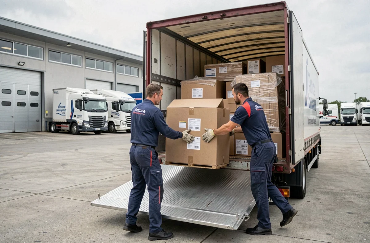 Deux professionnels de France Demenagement Group chargeant des cartons et meubles emballés dans un camion de flotte dans un dépôt logistique