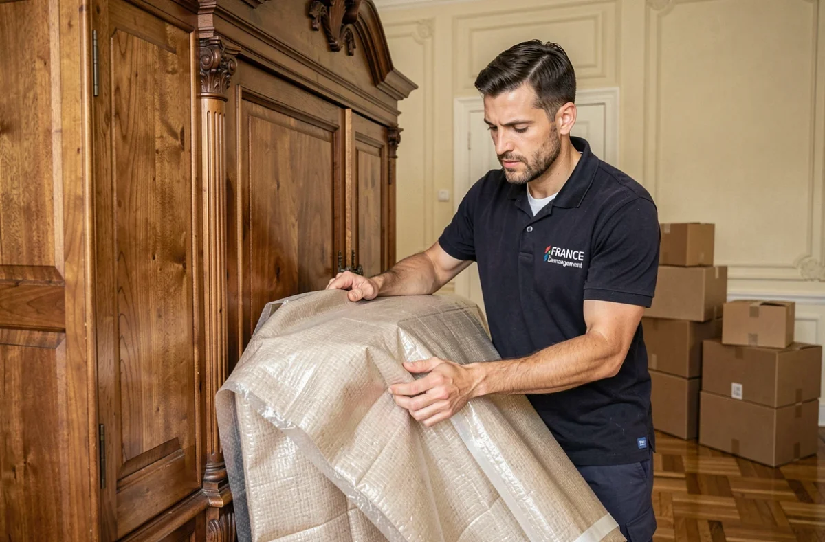 Déménageur France Demenagement emballant une armoire en bois avec des couvertures de protection dans un appartement français