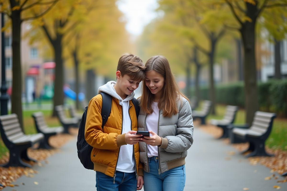 Adolescents riant avec smartphone dans un parc urbain