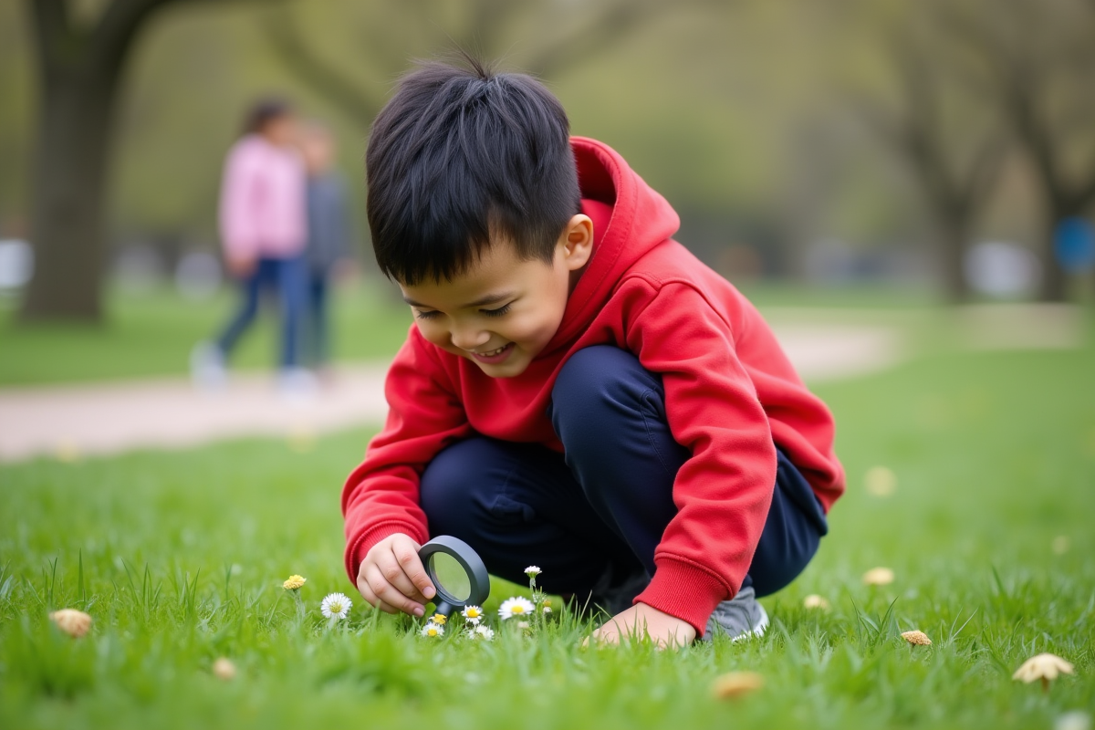 Garçon examine des fleurs sauvages dans un parc en plein air