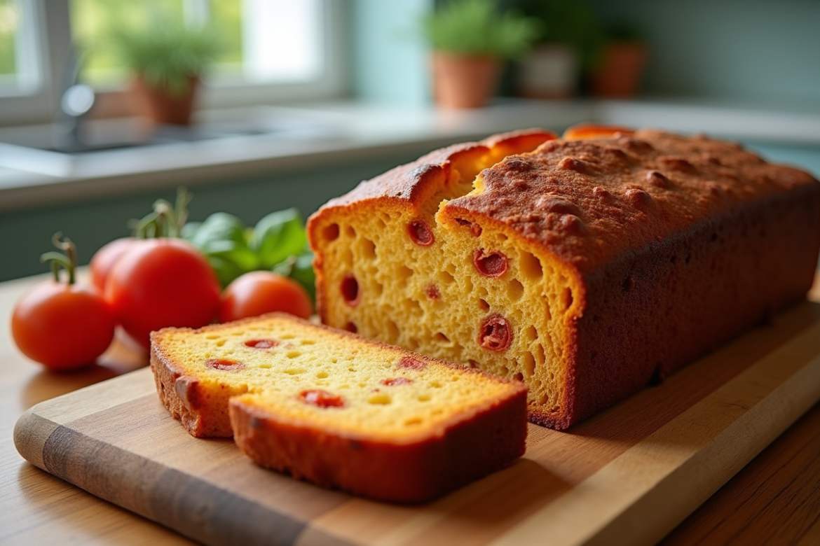 Gâteau de chorizo tranché sur planche en bois pour article sur gâteau salé