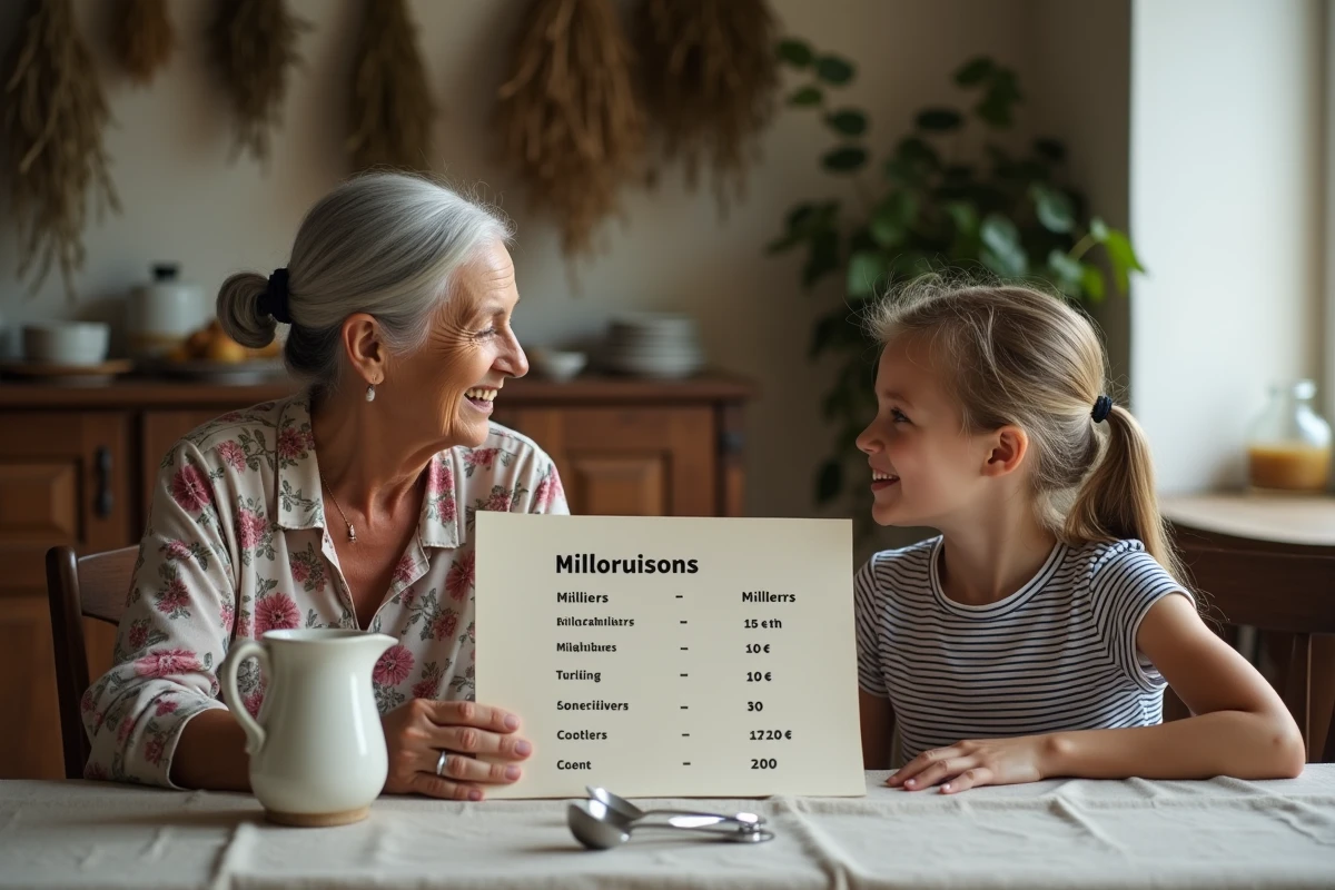 Grand-mère et petite-fille apprenant ensemble la conversion des millilitres autour d'une table en bois avec un tableau de mesures