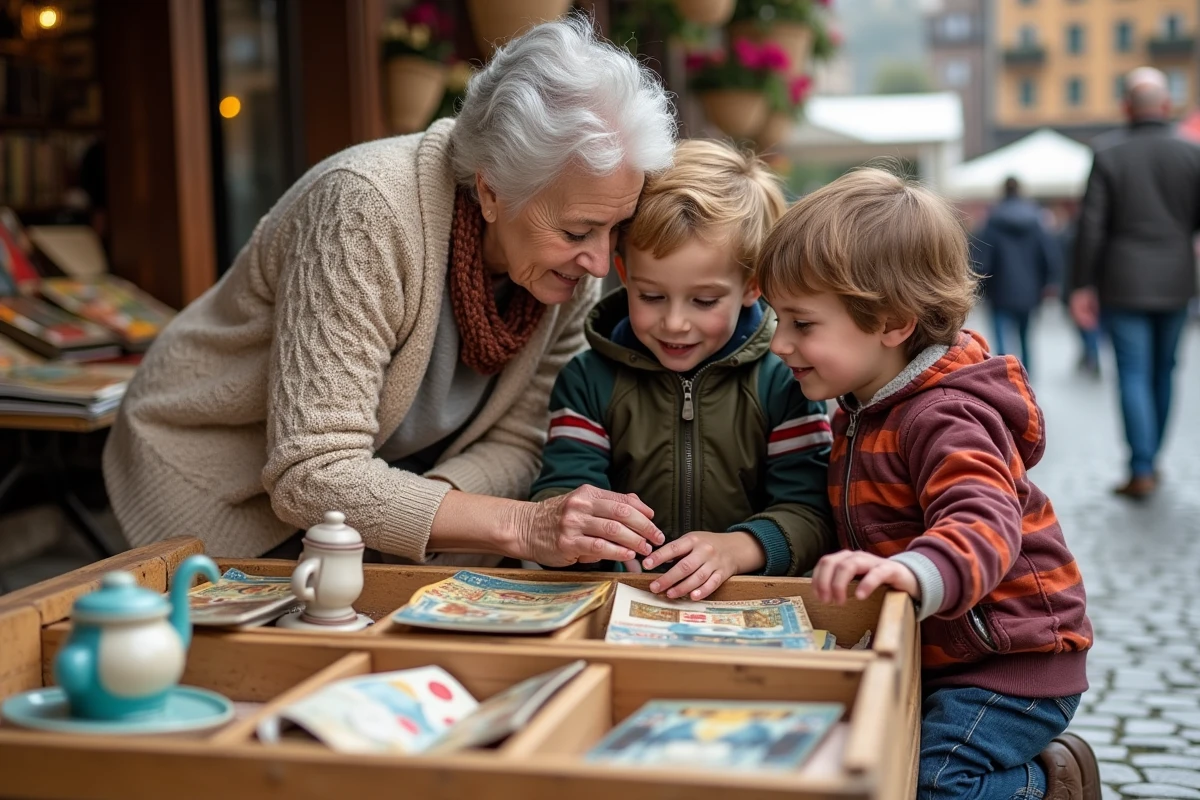 Grand-mère et petits-enfants découvrant des objets vintage à une braderie en Savoie