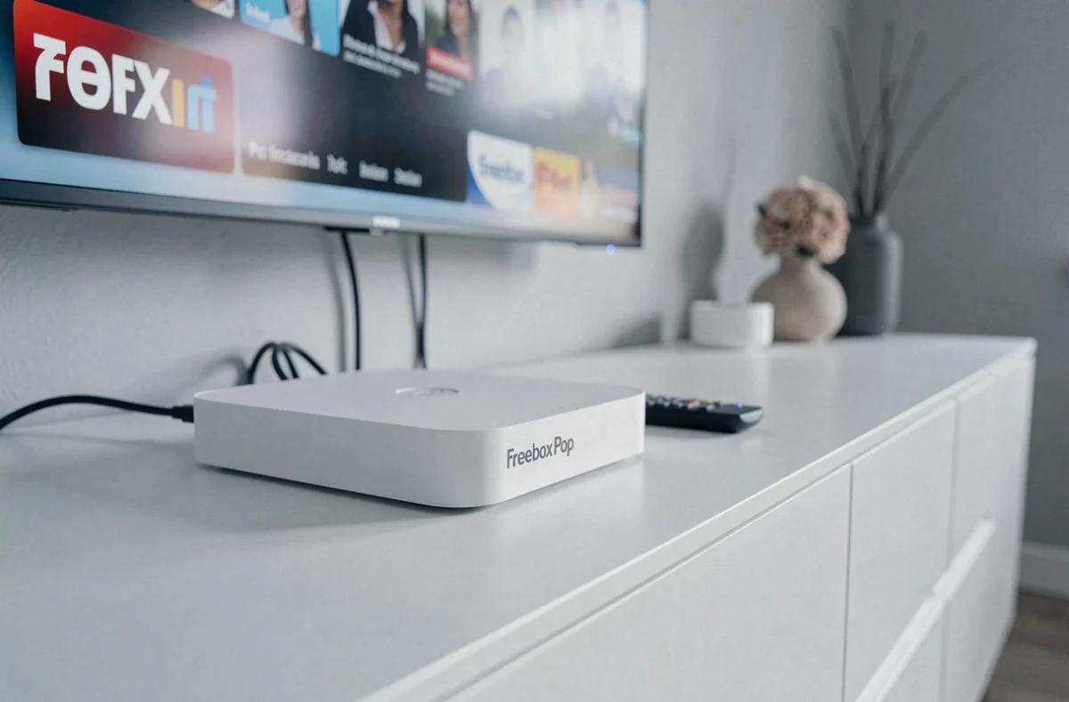 Gros plan sur la Freebox Pop et sa télécommande sur un meuble TV avec chaînes gratuites à l'écran