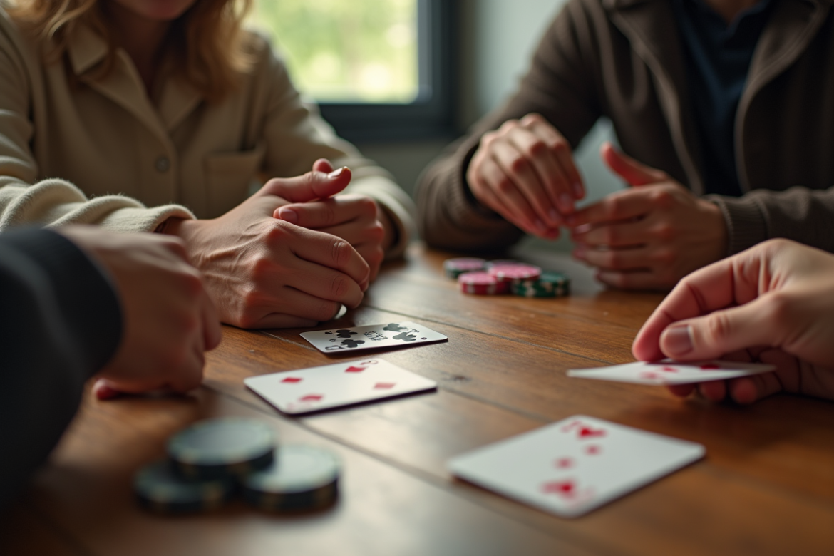 Groupe d'amis jouant aux cartes autour d'une table en journée