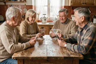 Groupe d'adultes français jouant à la coinche autour d'une table de cuisine en bois avec des cartes belote traditionnelles
