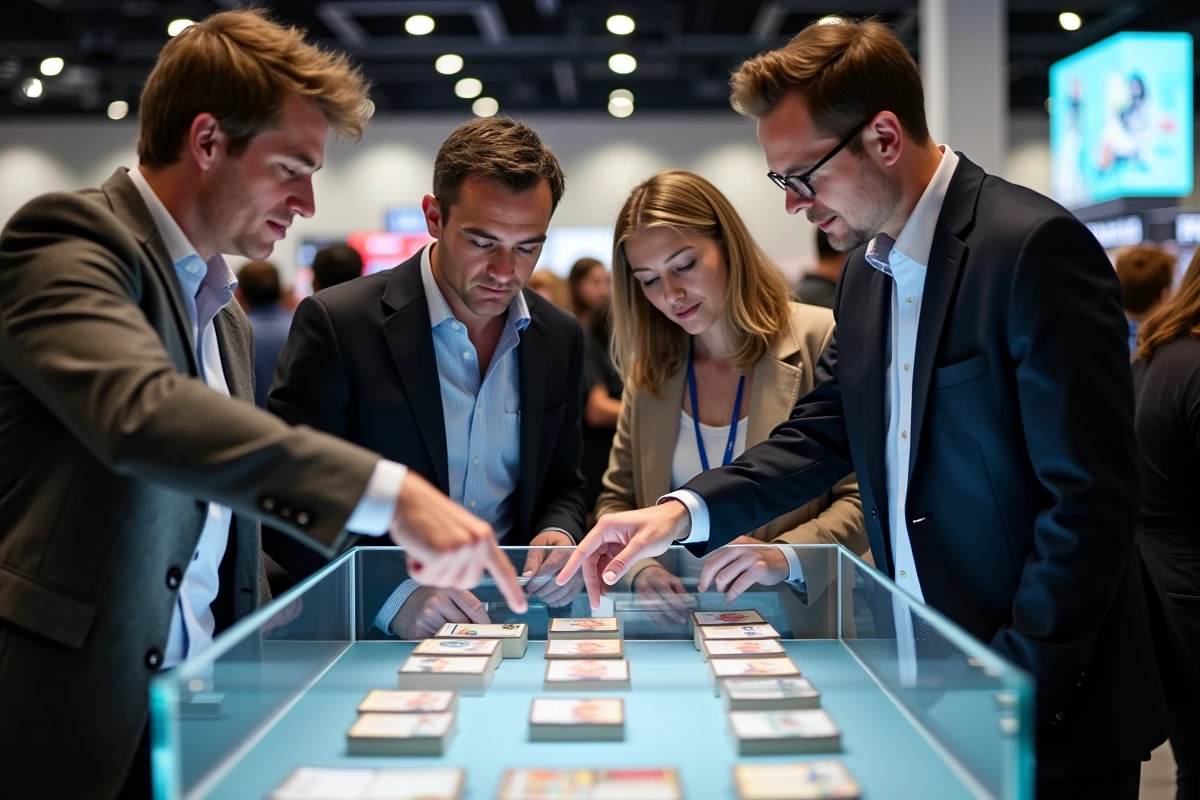 Groupe de passionnes discutant de cartes Pokémon en convention