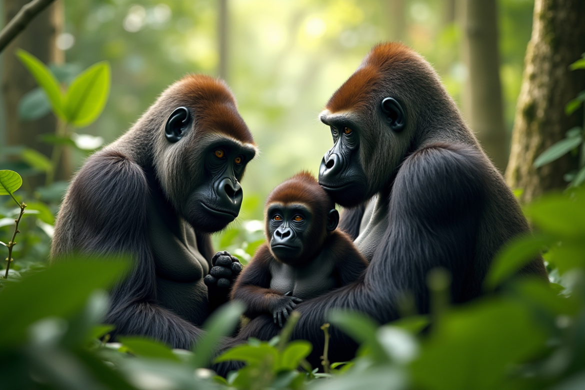 Famille de gorilles dans la forêt tropicale illustrant la dispersion des graines