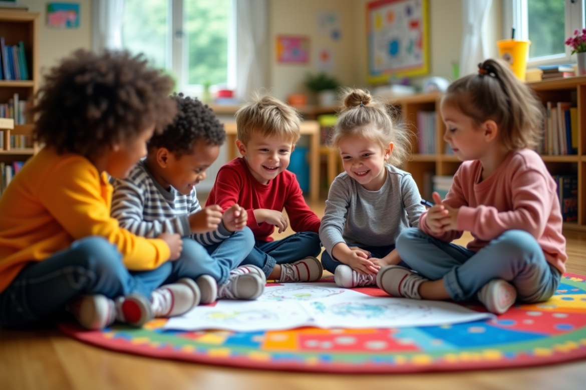 Enfants de différents âges et origines partageant des dessins en classe