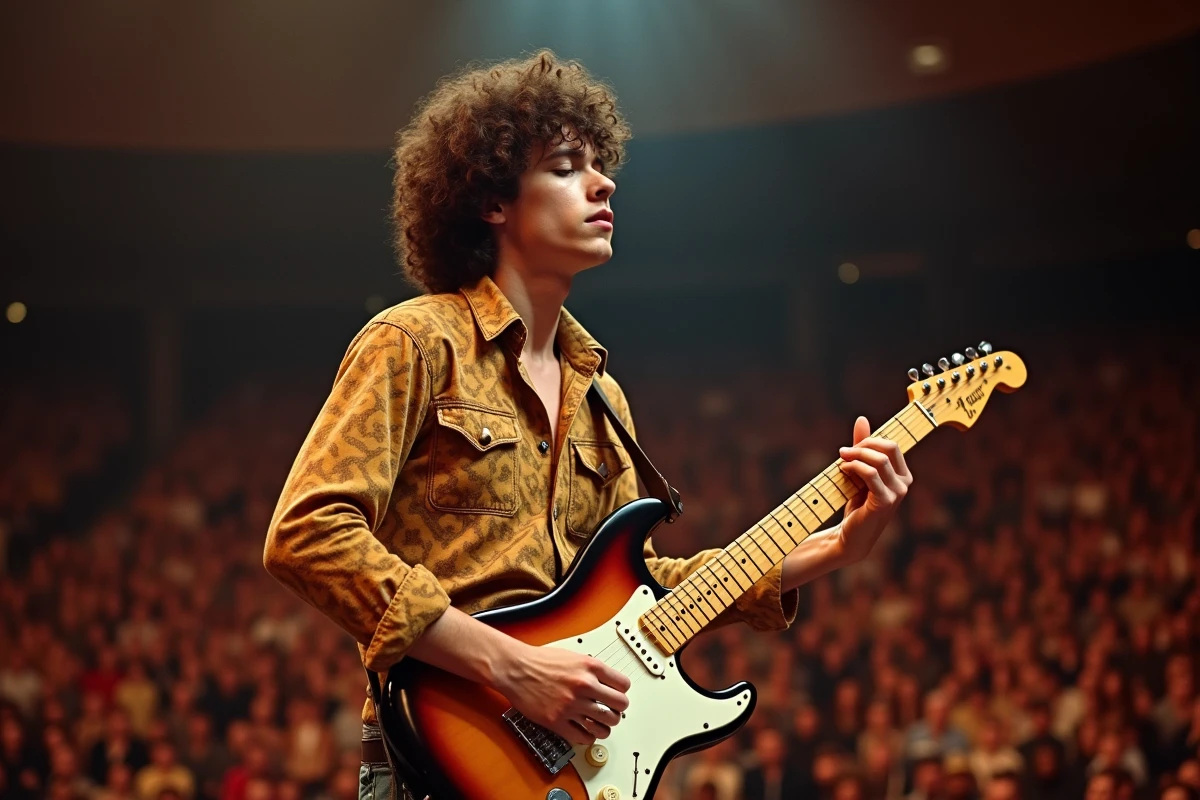 Jeune guitariste en chemise vintage années 70 sur scène de concert devant un public nombreux