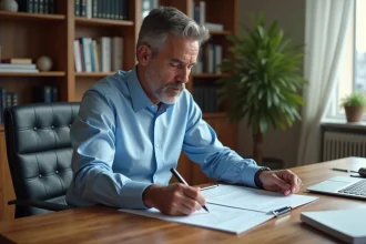 Homme d affaires en bureau moderne examinant des documents immobiliers