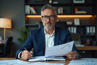 Homme d'affaires en costume regardant un graphique économique