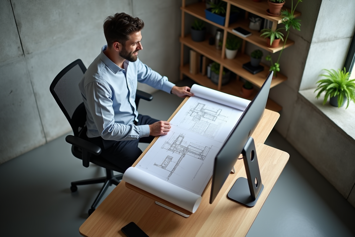 Homme ajustant un bureau sitstand avec plans architecturaux