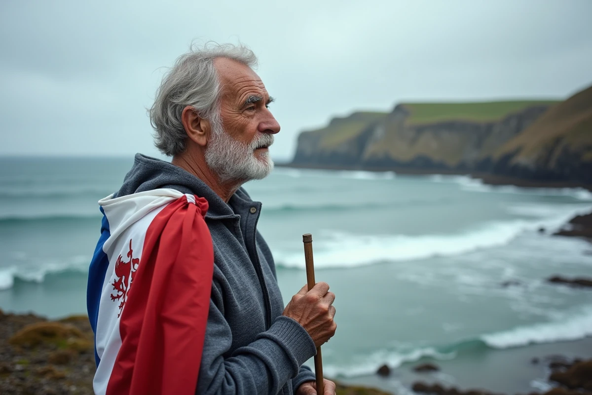 Homme breton agé avec drapeau sur une côte rocheuse