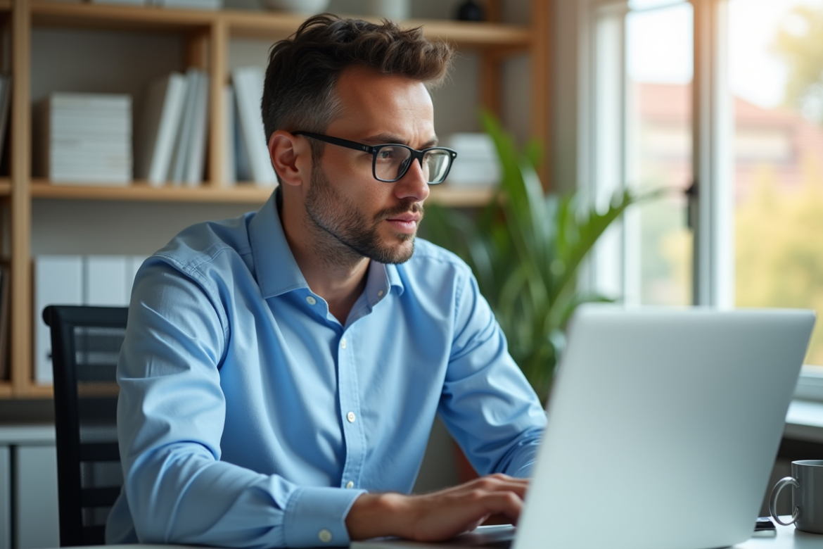 Homme professionnel travaillant sur son ordinateur dans un bureau lumineux