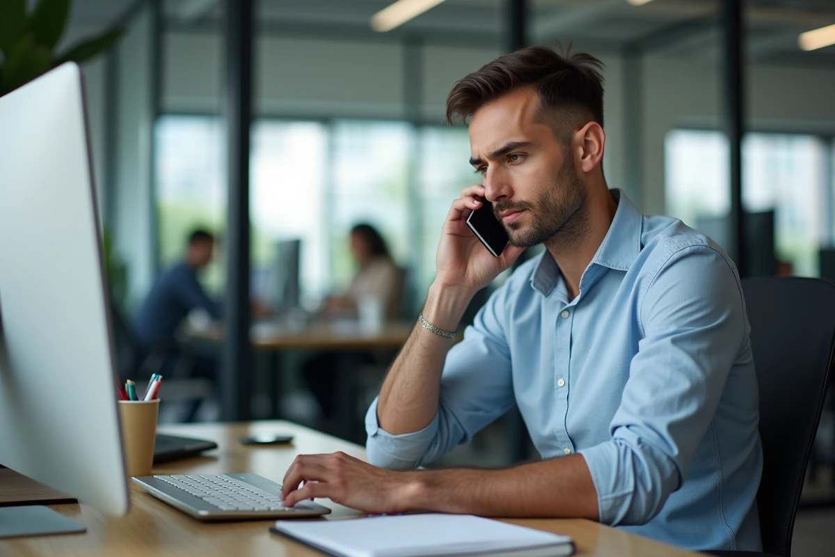 Homme au bureau en pleine concentration au téléphone