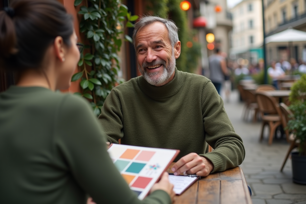 Homme discutant avec un ami au café en extérieur