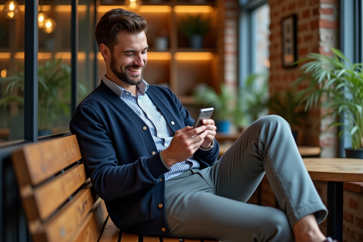 Homme souriant dans un café cosy avec téléphone