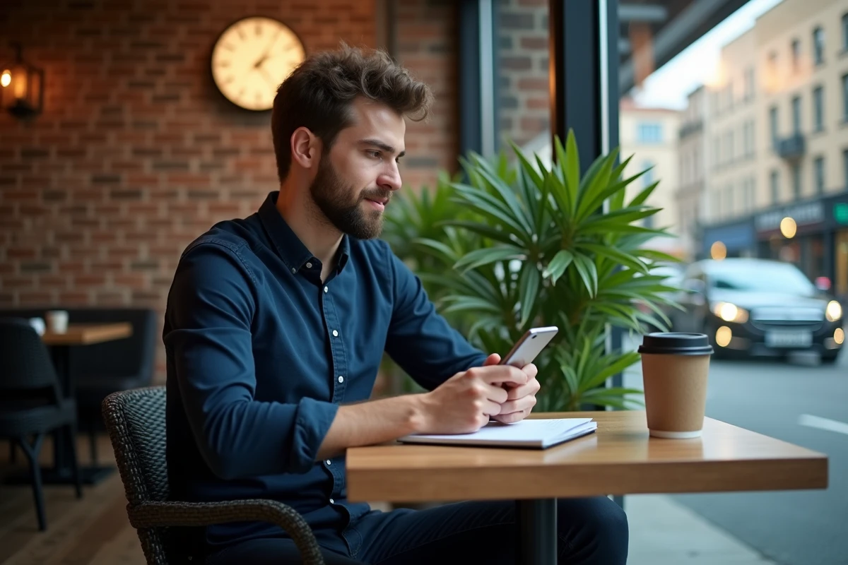 Homme travaillant dans un café urbain