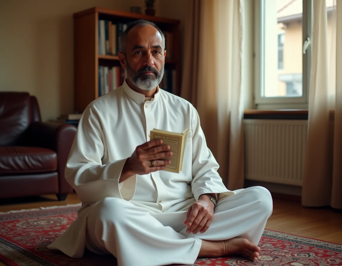 Homme en djellaba blanche consultant un calendrier de prière du ramadan dans un appartement de Livry-Gargan