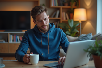 Jeune homme détendu travaillant à son bureau à la maison