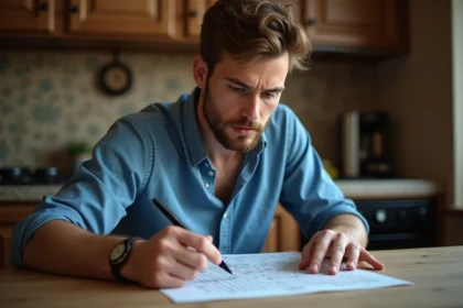 Jeune homme concentré sur un mots croises dans la cuisine