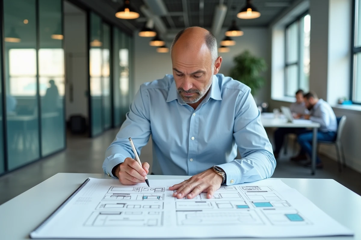 Homme esquissant des wireframes dans un bureau lumineux et collaboratif