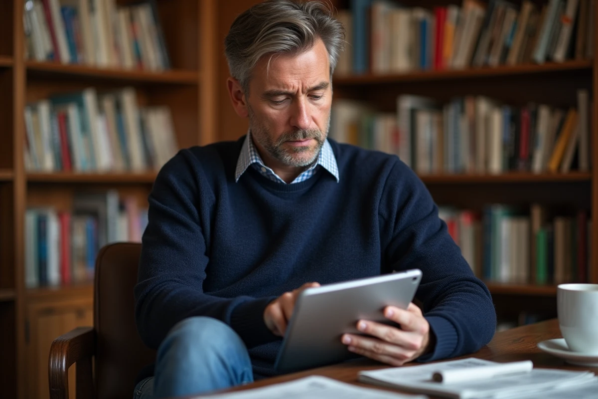 Homme à domicile comparant des sources d'information sur tablette numérique et journaux imprimés pour évaluer l'utilité de Gospi