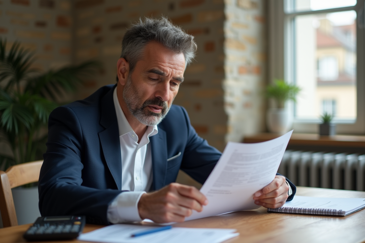 Homme d'âge moyen en costume regardant des documents fiscaux