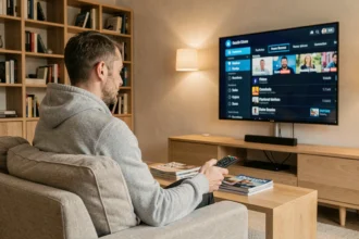 Homme consultant le guide des chaînes gratuites sur sa Freebox Pop dans son salon moderne