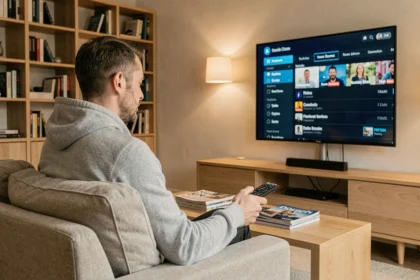 Homme consultant le guide des chaînes gratuites sur sa Freebox Pop dans son salon moderne